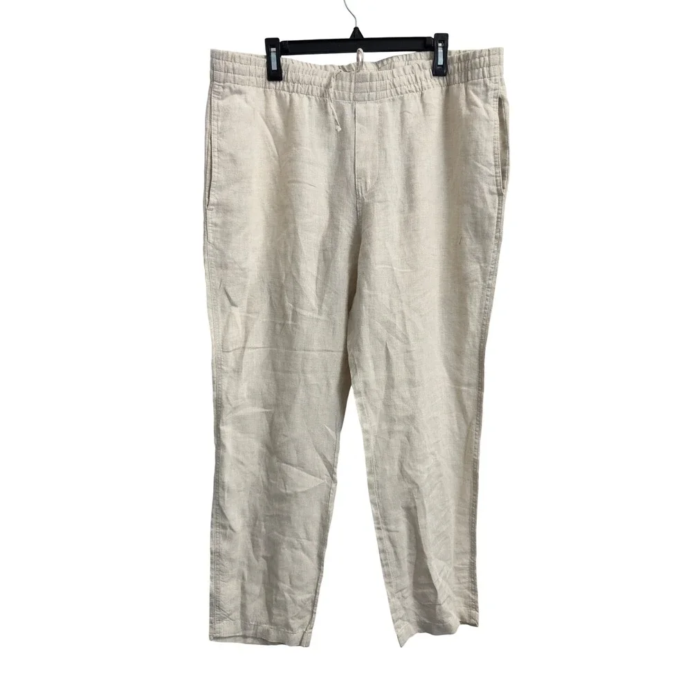 H&M Mens XL Regular Fit Linen Pants Beige Oatmeal Elastic Waist Drawstring
